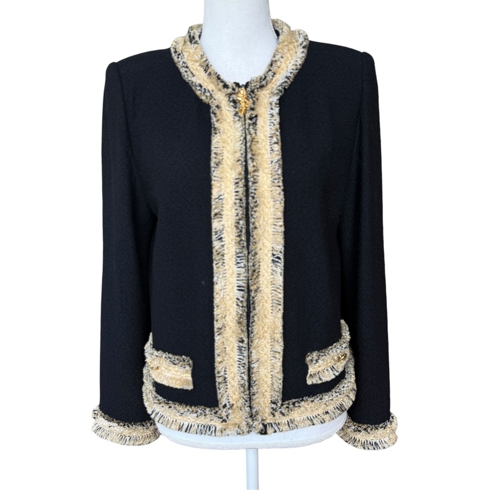 St John Collection Marie Gray Black Gold Fringe Santana Knit Zip Jacket Size 8